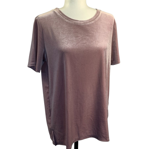 Elevated Basic T-shirt Velveteen Statement Top S-Sleeve Side Slit Dusty Rose M - Picture 4 of 12
